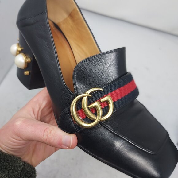 GUCCI BLACK GG PEYTON PEARL LEATHER HEEL SHOE - Picture 6 of 11